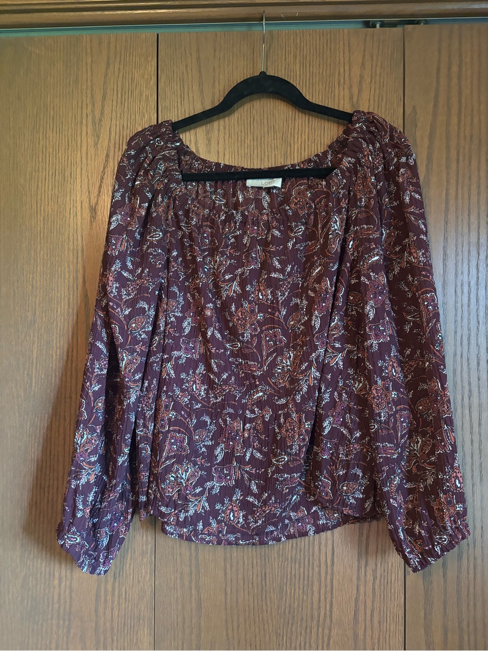 LOFT Burgundy Floral Peasant Blouse